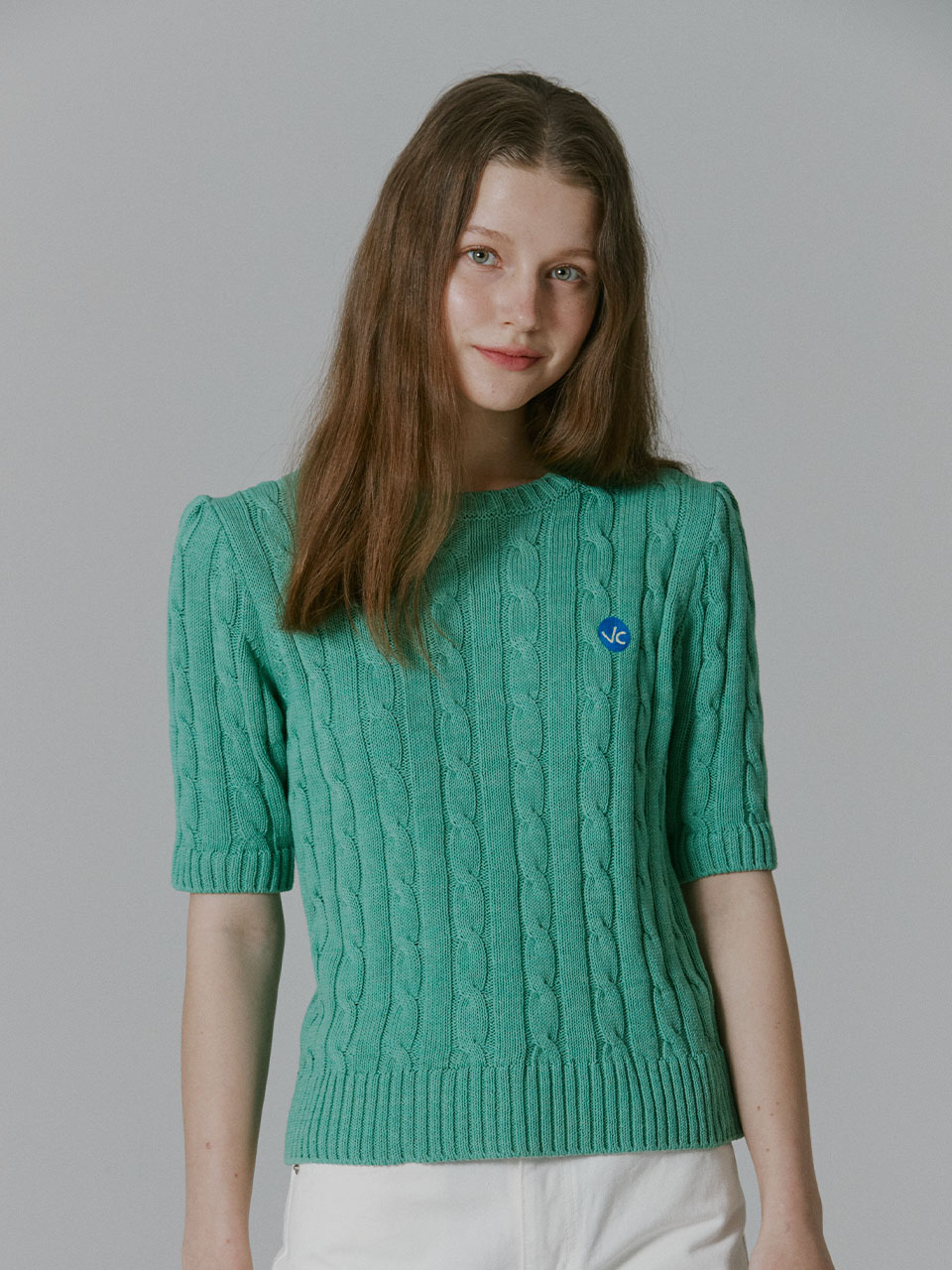 Vacation Handed Logo Cable Knit_Mint